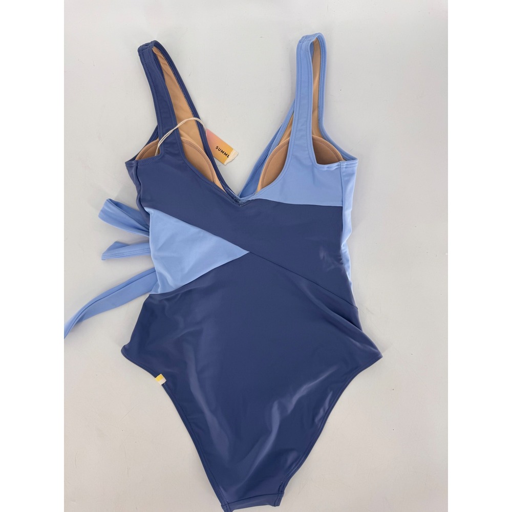 Summersalt Perfect Wrap One-Piece Women 4 Blue Colorblock Tie Waist Swimsuit - Picture 10 of 14